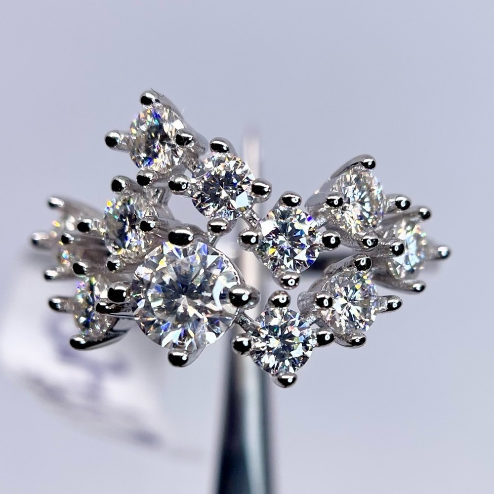 Moissanite Star Cluster Ring 925 Silver 18K White Gold Finish Sparkle Celestial